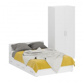 Кровать с ящиками 1400 + Шкаф 2-х створчатый Стандарт, цвет белый, ШхГхВ 143,5х203,5х70 + 90х52х200 см., сп.м. 1400х2000 мм., б/м, основание есть в Тарко-Сале - tarko-sale.mebel-74.com | фото